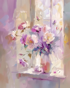 Fleurs Rose Clair &agrave; la Fen&ecirc;tre