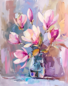 Flores de magnolia rosa en un florero de vidrio