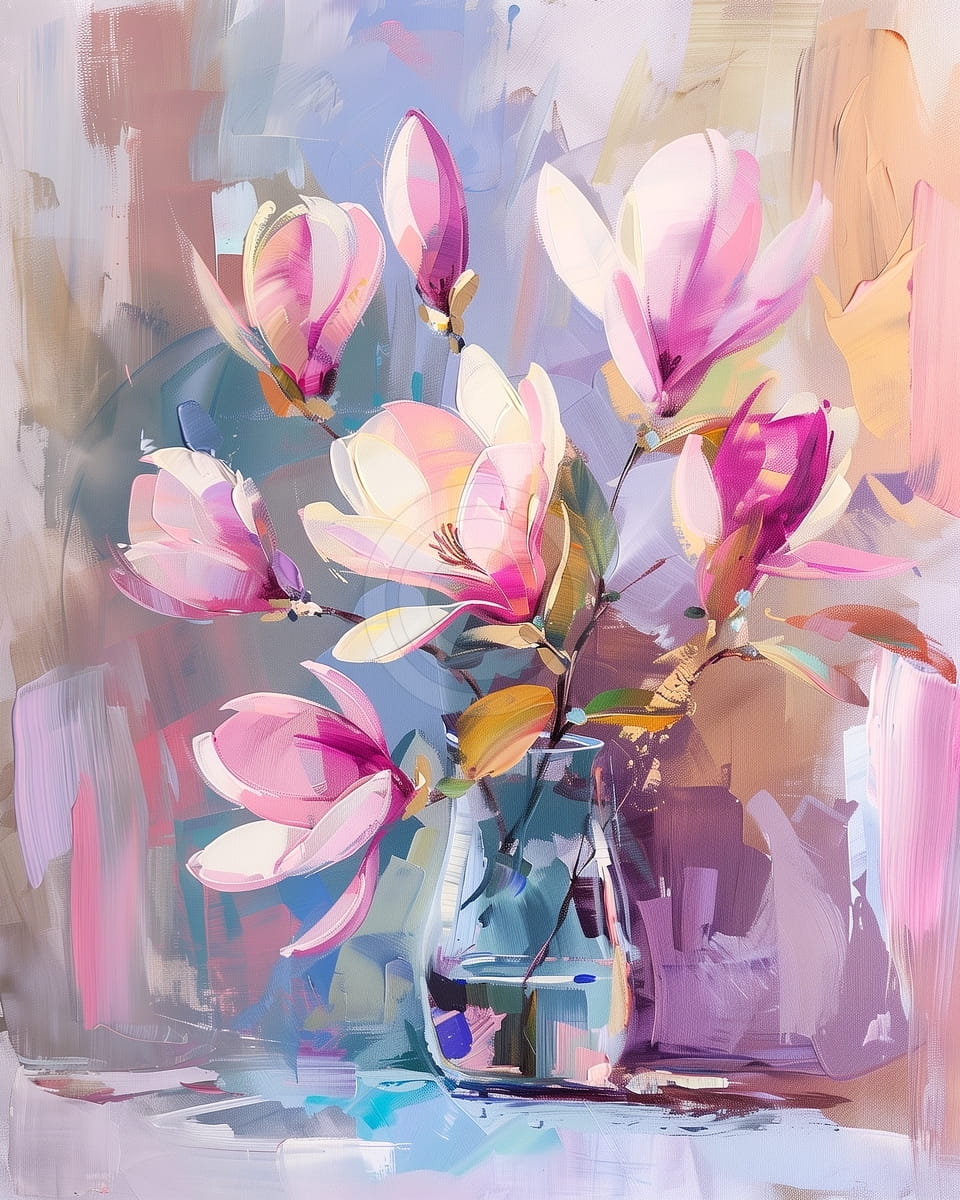Fleurs de magnolia roses dans un vase en verre