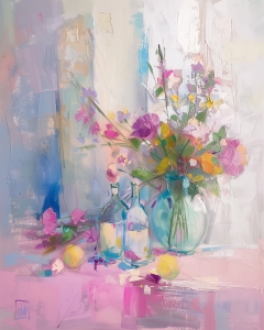 Bunter Blumenstrau&szlig; mit Flaschen und Zitronen