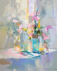 Rosa Blumen und Glasgef&auml;&szlig;e auf einem Tisch