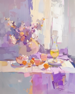 Zitrusfr&uuml;chte und Bl&uuml;ten auf lavendelfarbener Tafel