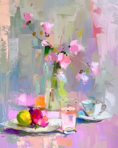 Fiori rosa con frutta e t&egrave; su un tavolo