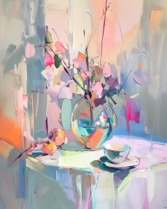 Runder Glasvase mit Blumen und Teetasse