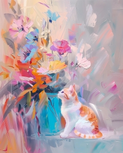 Chaton Regardant des Fleurs Color&eacute;es