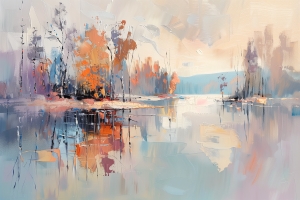 Arbres d&rsquo;Automne R&eacute;fl&eacute;chis dans un Lac Brumeux
