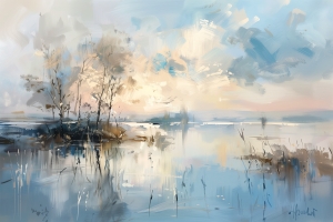 Quiet Trees by the Lake at Sunrise