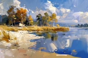 Cabane au Bord du Lac avec Arbres d&rsquo;Automne