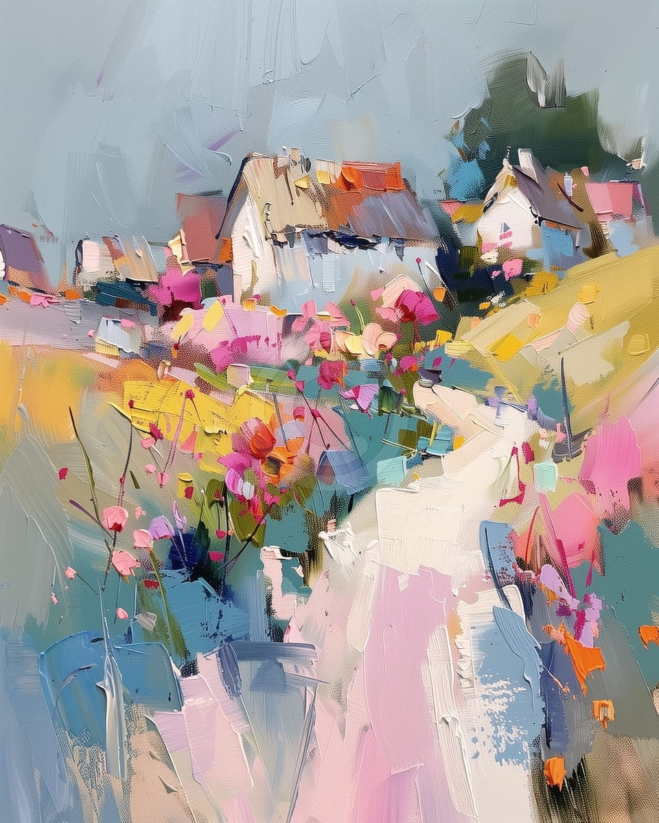 Route de village avec fleurs sauvages