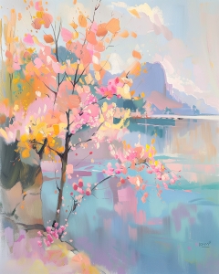 Bl&uuml;hender Baum am See