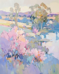 Campo en tonos pastel con arbustos en flor