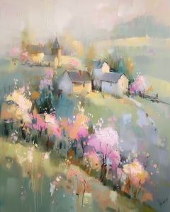 Villaggio primaverile con alberi in fiore