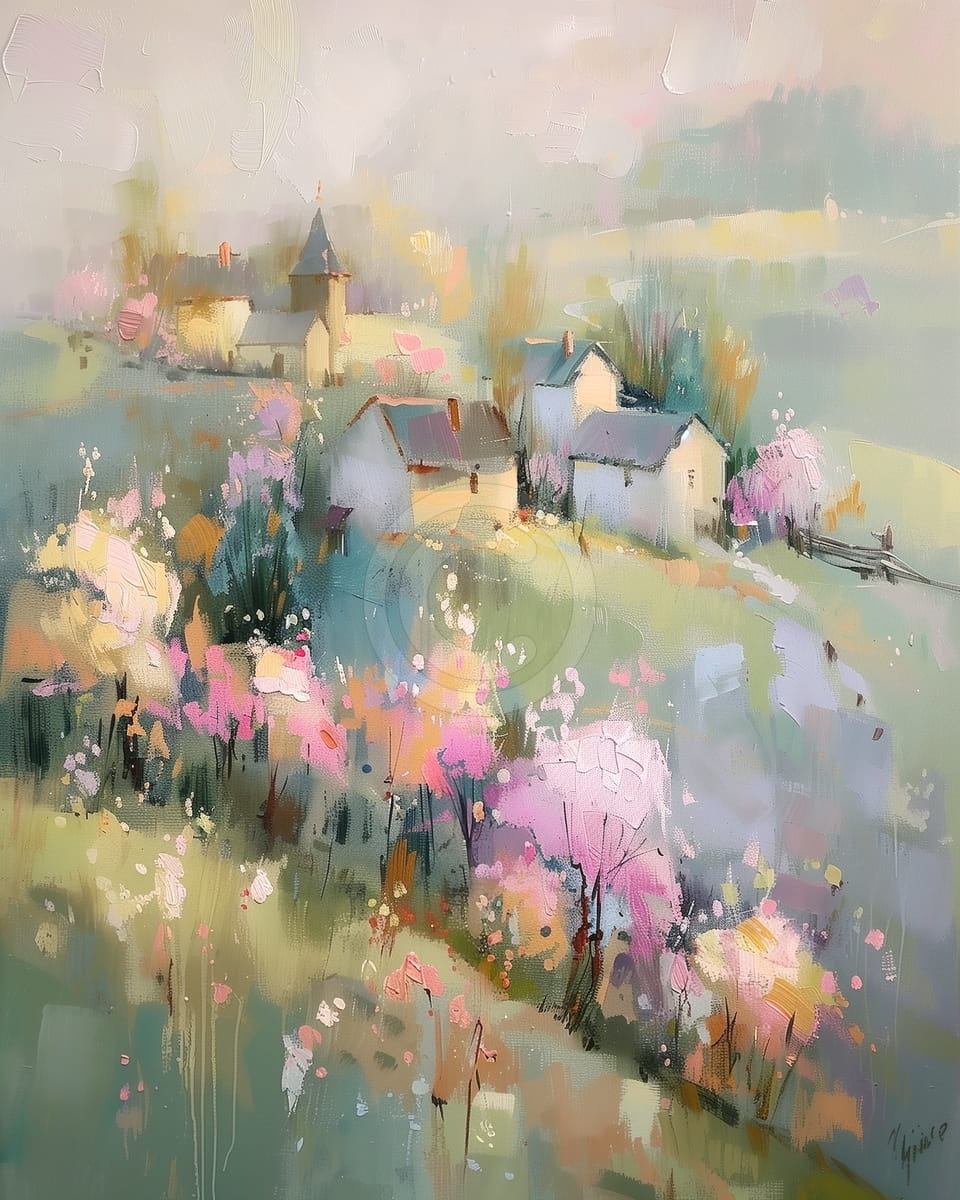 Frühlingsdorf mit blühenden Bäumen