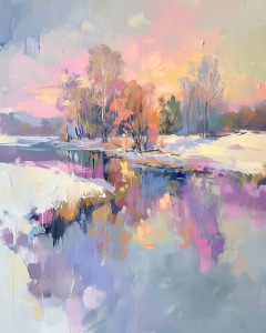 Winterb&auml;ume im Licht des Sonnenuntergangs gespiegelt