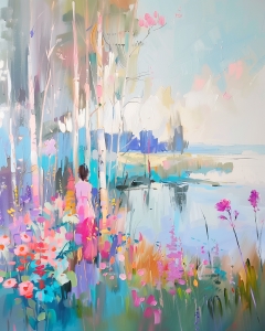 Mujer de rosa entre flores silvestres junto al lago