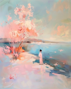 Femme en blanc pr&egrave;s de l&rsquo;arbre en fleurs