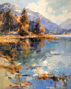 Lac avec arbres et montagnes en arri&egrave;re-plan