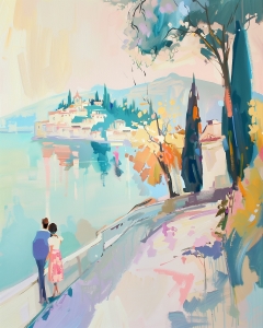 Couple Walking by the Seaside Village