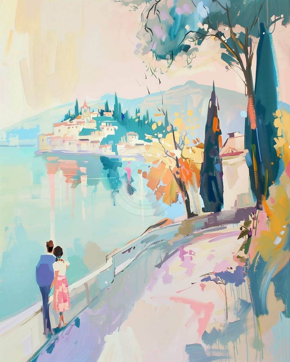 Couple marchant près du village côtier