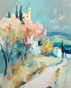 Iglesia del pueblo en camino primaveral