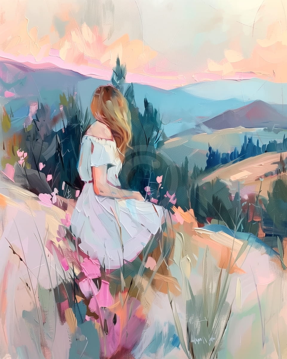 Fille en robe blanche sur la colline