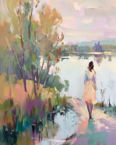 Mujer caminando junto al lago