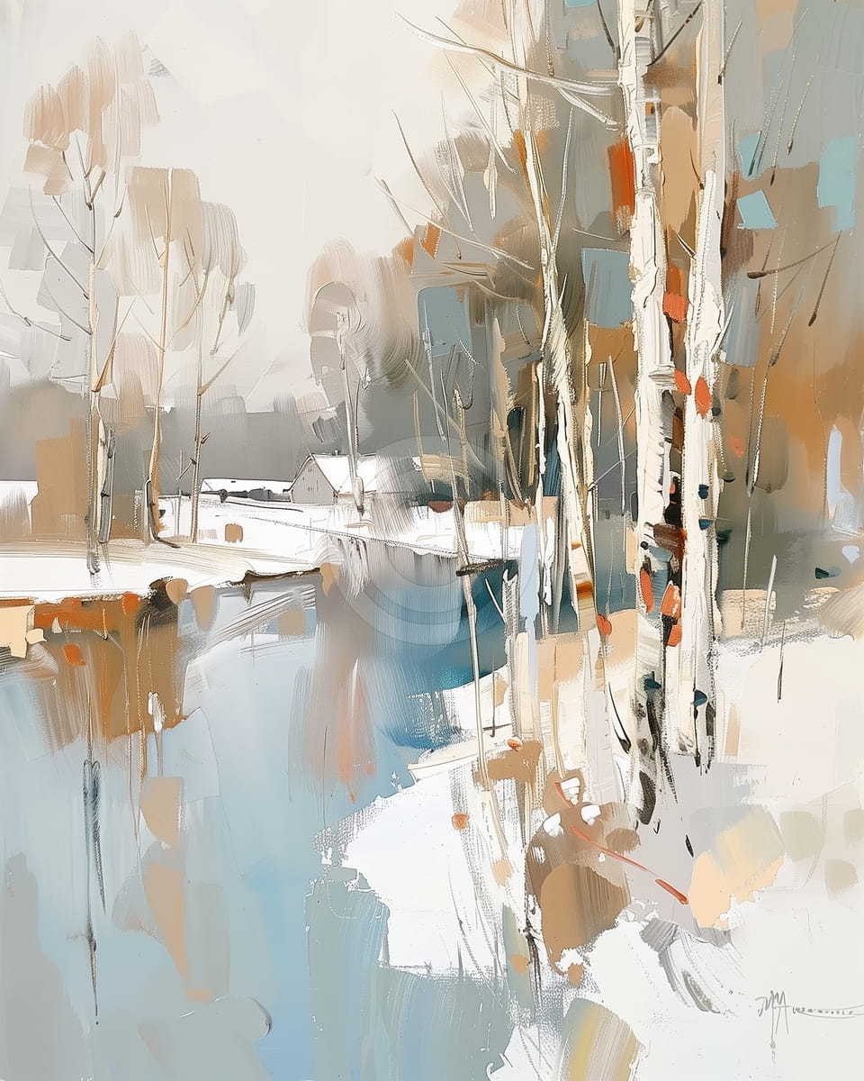 Río invernal y abedules