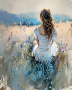 Mujer Sentada en un Campo con Flores Silvestres