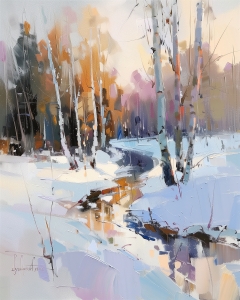 For&ecirc;t Enneig&eacute;e avec Ruisseau sous Lumi&egrave;re d&rsquo;Hiver