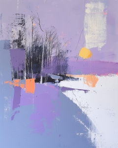Arbres d&rsquo;Hiver avec Ciel Violet et Soleil Jaune