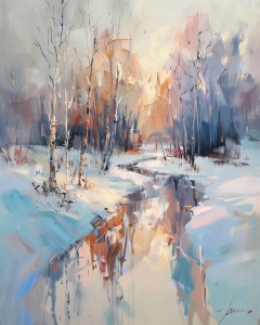 Bosco Innevato e Ruscello all&rsquo;Alba