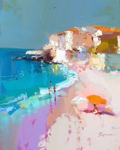 Villaggio costiero e spiaggia colorata