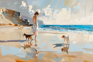 Donna con due cani sulla spiaggia