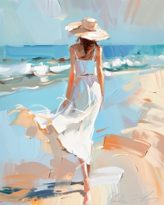 Donna in abito bianco sulla spiaggia