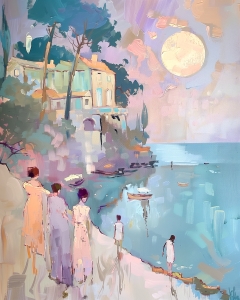 Passeggiata sul mare al sorgere della luna