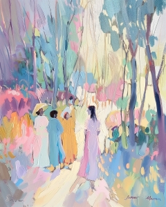 Women Walking in a Sunlit Forest