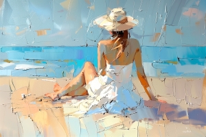 Donna Seduta sulla Spiaggia con Vestito Bianco