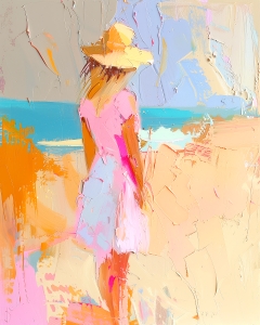 Donna con Vestito Rosa che Cammina sulla Spiaggia