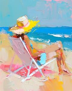 Femme D&eacute;tendue dans une Chaise de Plage au Bord de la Mer