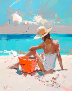 Donna in Costume Bianco Seduta sulla Spiaggia
