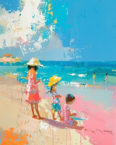 Children Playing by the Sea on a Sunny Day