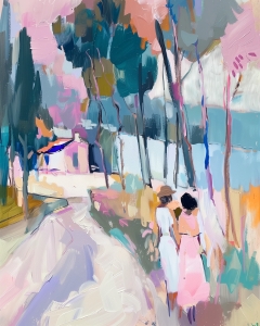 Zwei Frauen auf einem Landweg