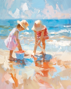 Kinder Spielen mit einem Eimer am Strand