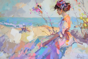 Frau im Rosa Kleid am Meer