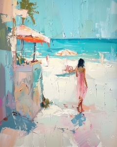 Mujer con Vestido Rosa Caminando hacia la Playa