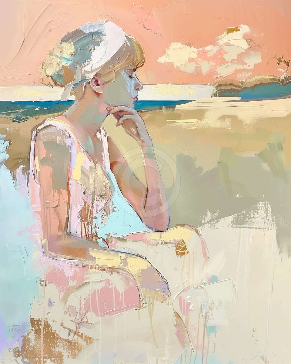 Donna Seduta in Spiaggia con Foulard