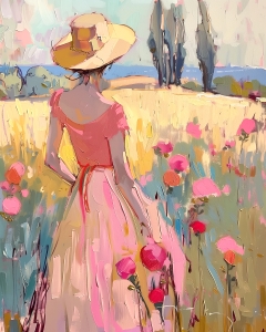 Woman in Hat Among Wildflowers