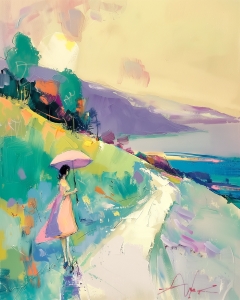 Frau mit Regenschirm auf K&uuml;stenweg