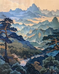 Geschichtete Berge und Kiefernwald