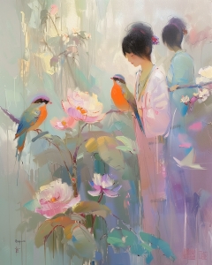 Deux Femmes avec des Oiseaux et des Fleurs de Lotus